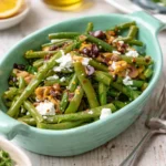 Fresh Green Bean Salad with Olives and Feta on a platter