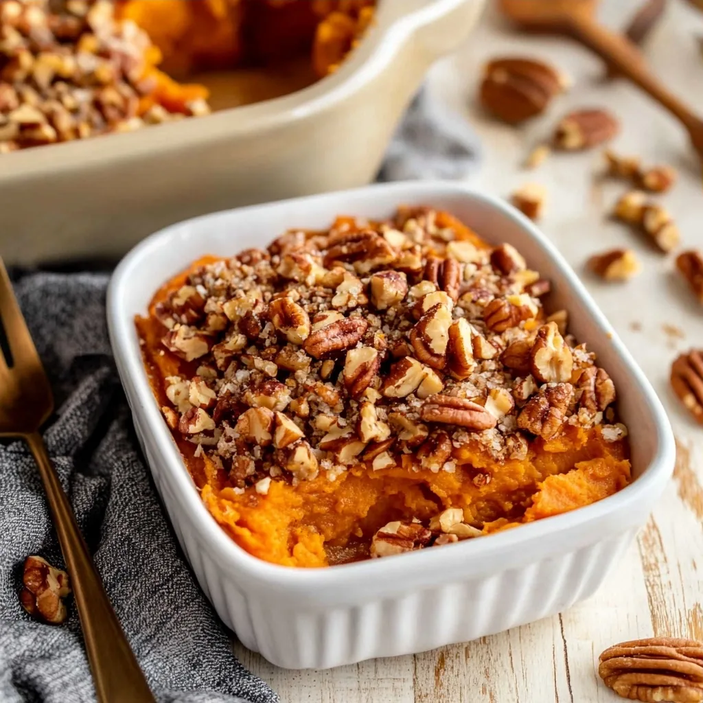 Vegan Sweet Potato Casserole with Maple Pecan Topping
